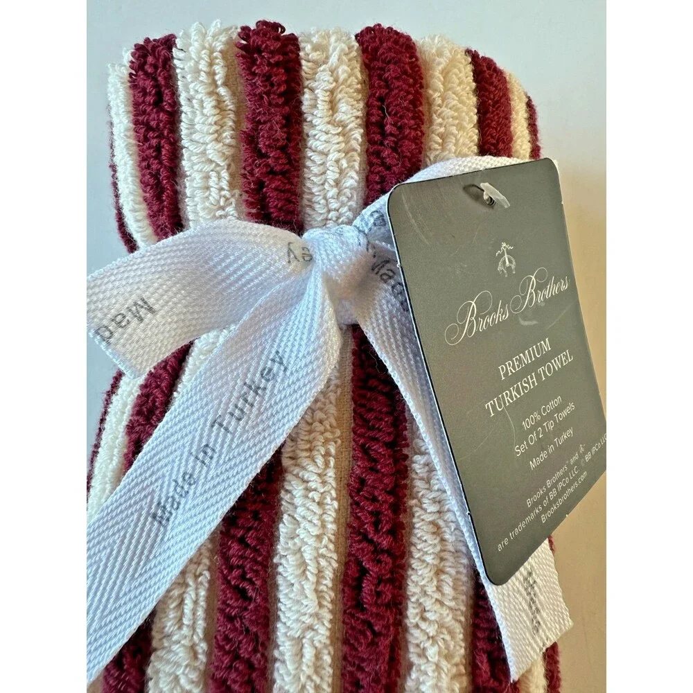 Brooks Brothers Fingertip Towels Ivory Dark Red Stripe Made in Turkey Set of 2